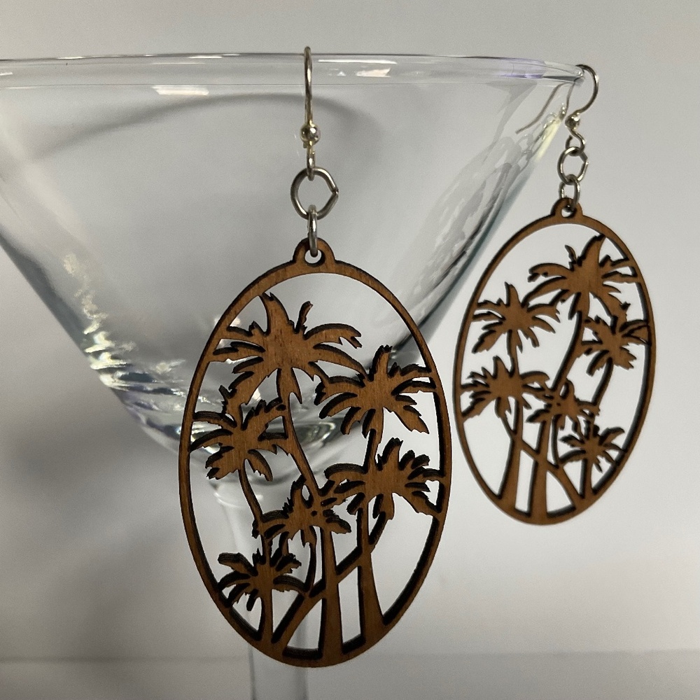 🧚 2/$15 Bohemian Palm Tree Dangle Drop Oval Earrings Wooden Handmade Natural